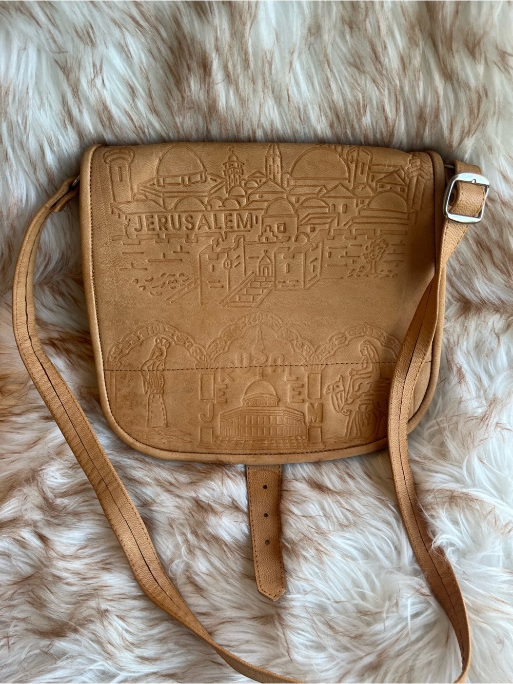 Jerusalem Embossed Crossbody Bag in Tan
